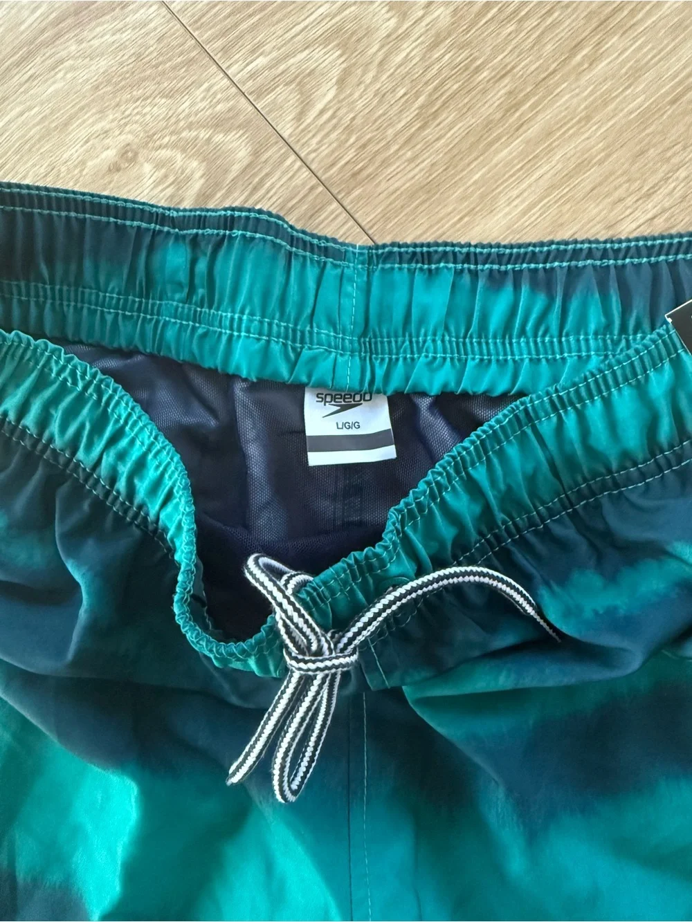 Speedo Men’s Teal and Dark Green Striped Swim Trunks